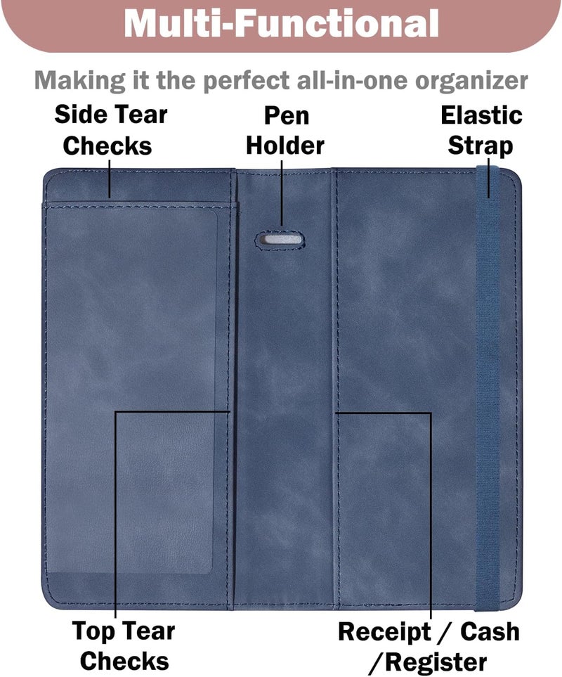 Hot Cool Checkbook Cover with Elastic Band - Premium Leather Clear PVC Divider Durable, Compact, and Multi-Functional Holder Wallet Case for Man and Woman, Skin - Blue - Image 3